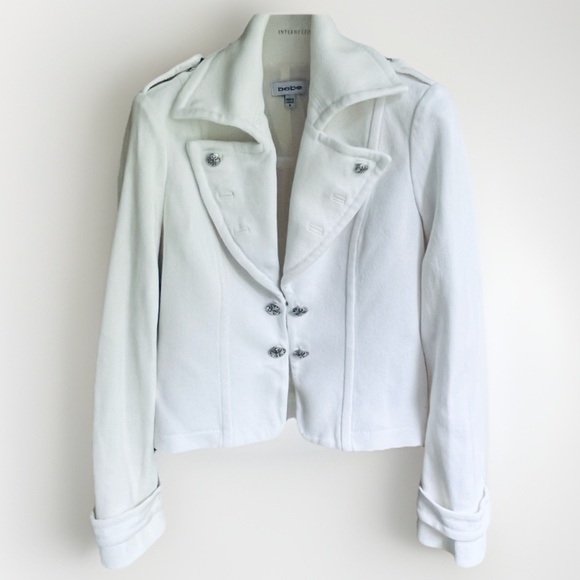 BEBE Rare Vintage Cropped Fitted Jersey Off-white Jacket Lined 💯 Cotton S - Picture 1 of 12